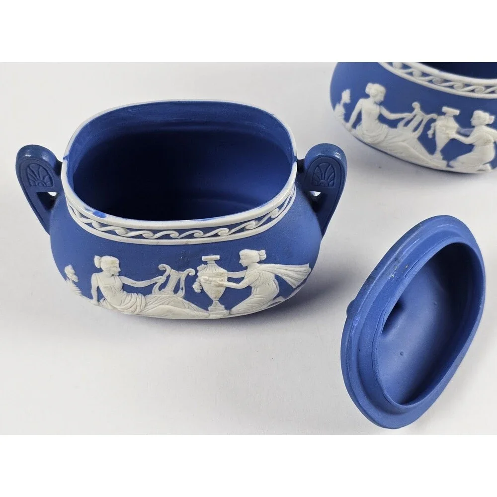 Jasperware Cream on Blue Oval Sugar Bowl w/ Lid & Oval Creamer w/ Handle Japan